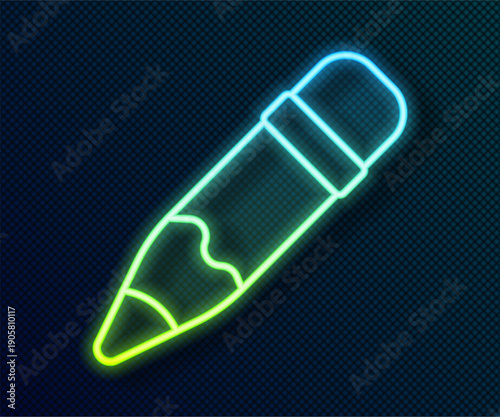Glowing neon line Pencil with eraser icon isolated on black background. Drawing and educational tools. School office symbol. Vector