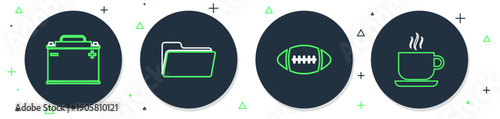 Set line Folder, American Football ball, Car battery and Coffee cup icon. Vector