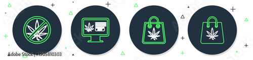 Set line Online buying marijuana, Shopping bag of, Stop and icon. Vector