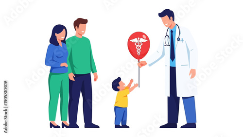 Family Medical Visit: A caring doctor extends a medical symbol balloon to a young child, accompanied by their parents, symbolizing healthcare and family well-being.