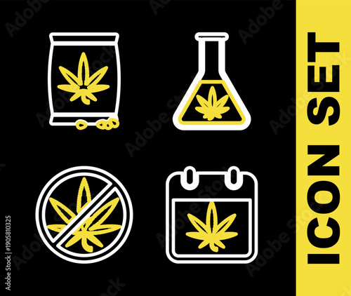 Set line Test tube with marijuana, Calendar and, Stop and Marijuana or cannabis seeds icon. Vector