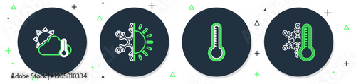 Set line Sun and snowflake, Meteorology thermometer, Thermometer cloud, sun and with icon. Vector