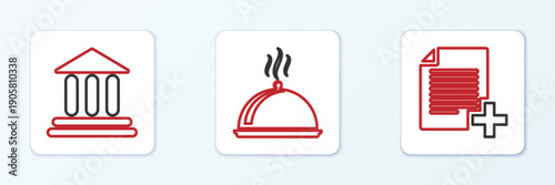Set line Add new file, Bank building and Covered with tray of food icon. Vector