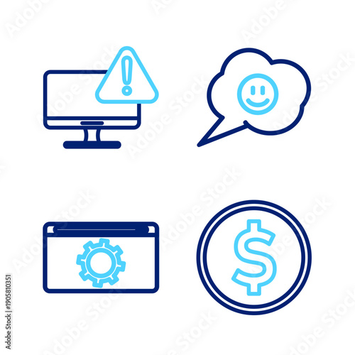 Set line Coin money with dollar, Setting, Speech bubble smile face and Monitor exclamation mark icon. Vector
