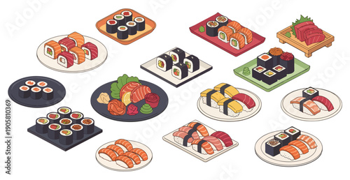 Sushi food illustration set. Japanese cuisine with nigiri, maki and rolls served on plates in modern flat vector style