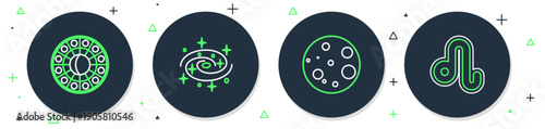 Set line Milky way spiral galaxy, Moon, Astrology horoscope circle and Leo zodiac icon. Vector