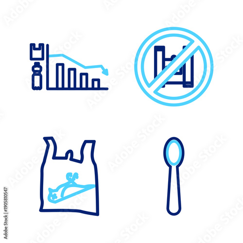 Set line Disposable plastic spoon, Dead bird,, Say no to bags poster and Ecology infographic icon. Vector