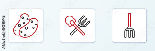 Set line Garden pitchfork, Potato and Shovel and rake icon. Vector