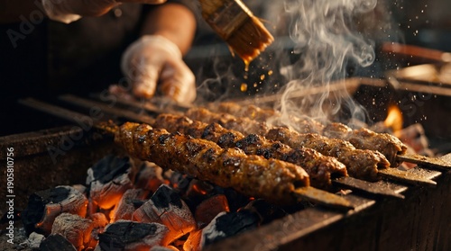 Sizzling skewers of meat being grilled over open flames