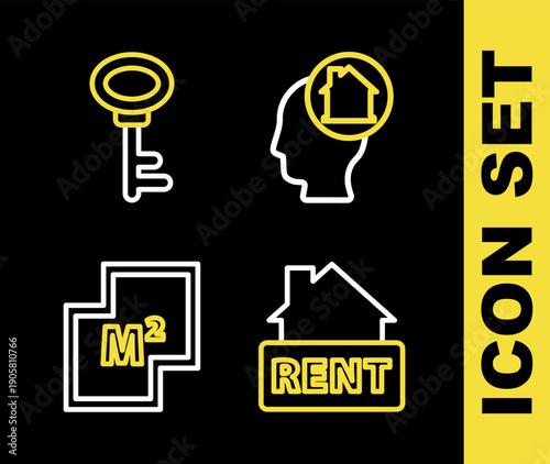 Set line Man dreaming about buying house, Hanging sign with Rent, House plan and key icon. Vector