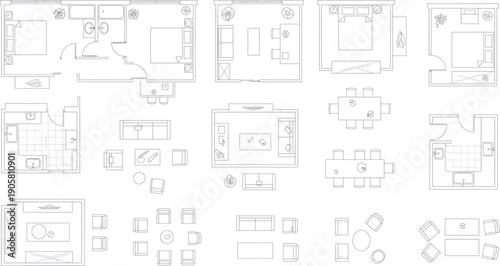 Collection of technical blueprint schematics isolated on transparent background