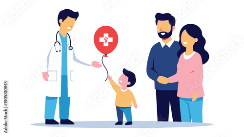 Health Support Illustration: A caring doctor extends a medical balloon to a happy child while supportive parents look on, representing care and family. 