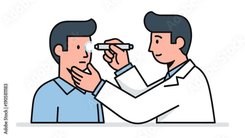 Eye Examination: A medical professional uses an ophthalmoscope to carefully examine a patient's eye, with a focus on delivering excellent care in a clinical setting.