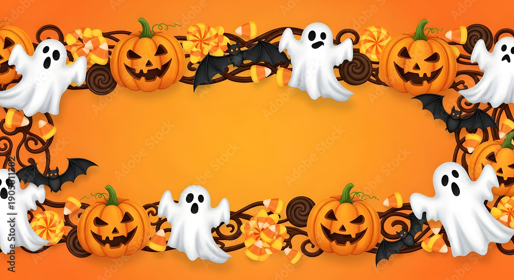Obraz premium Halloween themed border with ghosts pumpkins and bats