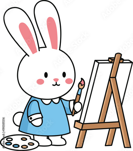 Cute bunny artist painting on easel with palette representing creativity kids art education illustration concept