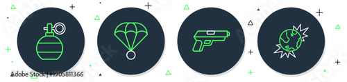 Set line Parachute, Pistol or gun, Hand grenade and Bomb explosive planet earth icon. Vector