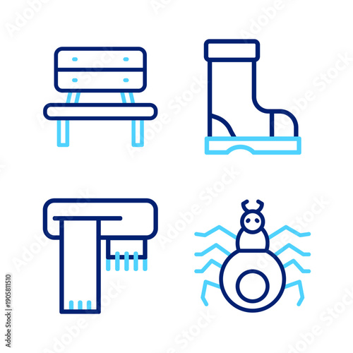 Set line Spider, Winter scarf, Waterproof rubber boot and Bench icon. Vector