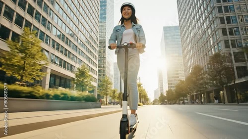 Young woman riding electric scooter through modern city center with tall buildings