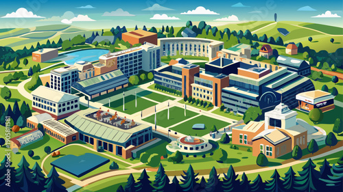 Very beautiful aerial perspective of Penn State University, showcasing expansive academic buildings, green landscapes, and structured campus design, highlighting the scale and harmony of a major Ameri