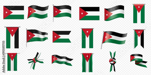 Set of Jordan flags in various shapes and forms, including waving, hanging, and ribbon designs, on a transparent background.