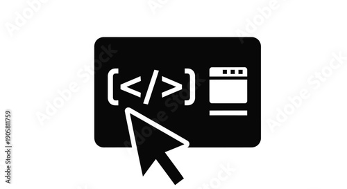 Black icon depicting a computer screen with code and a cursor
