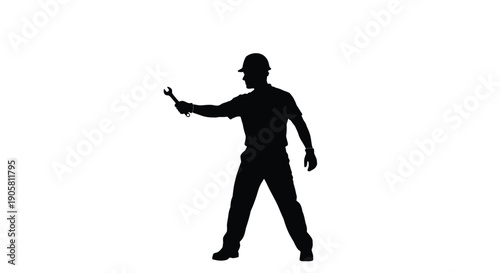 Silhouette of a worker holding a wrench extending his arm forward