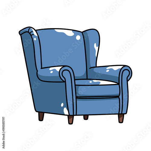 Cozy blue wingback armchair with cushioned backrest and wooden legs on white background – comfortable home furniture design.
