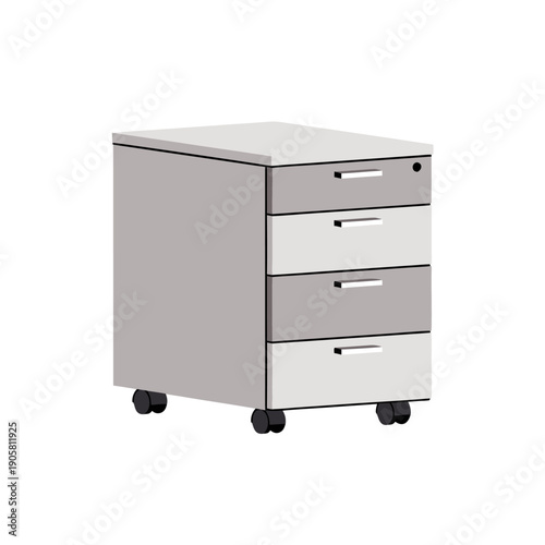 Modern rolling office drawer unit with four lockable drawers and casters for organized workspace.