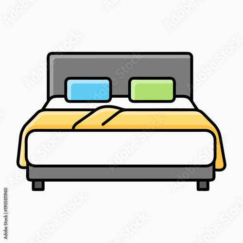 Minimalist modern bedroom interior with stylish upholstered bed, colorful pillows, and cozy yellow blanket for relaxing and elegant home design inspiration.