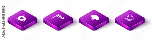 Set Isometric Tornado, Cone windsock wind vane, Storm and Wind and sun icon. Vector