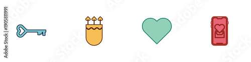 Set Key in heart shape, Quiver and arrows with, Heart and Mobile icon. Vector