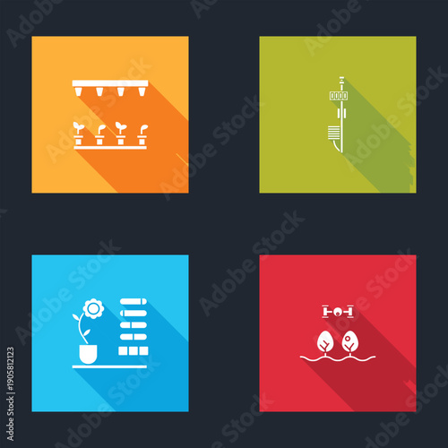 Set Automatic irrigation sprinklers, Standalone sensor, Flower status and Smart farm with drone icon. Vector