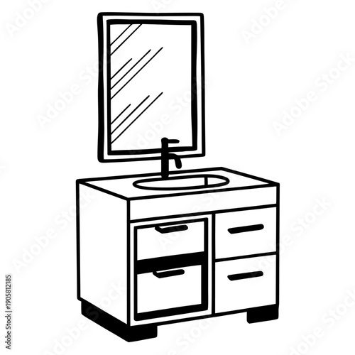 Minimalist bathroom vanity with sink, mirror, and storage drawers in monochrome line art design for stylish interiors.