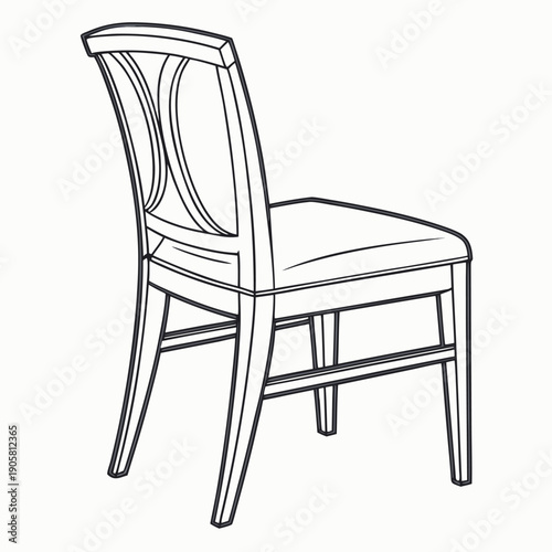 Detailed black and white line drawing of elegant wooden dining chair with cushion and curved backrest design.