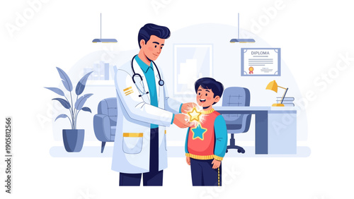 A Doctor's Care: A caring doctor places a star-shaped award on a young boy, symbolizing healthcare support and child wellness, against the backdrop of a doctor's office.