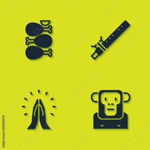 Set Tandoori chicken, Monkey, Hands in praying position and Bamboo flute indian icon. Vector