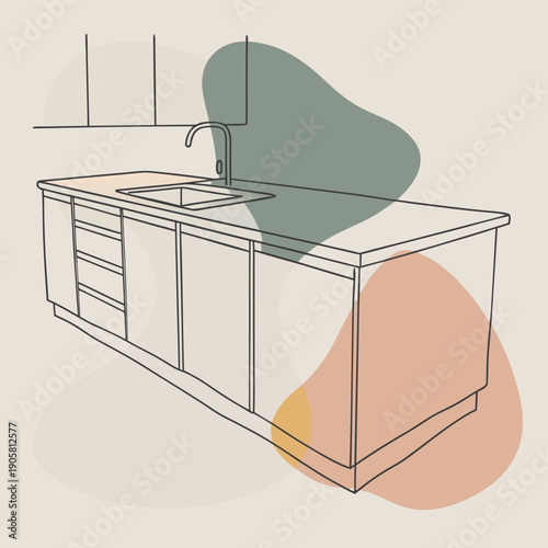 Modern minimalist kitchen design with sleek countertops and elegant cabinets in a stylish abstract background.