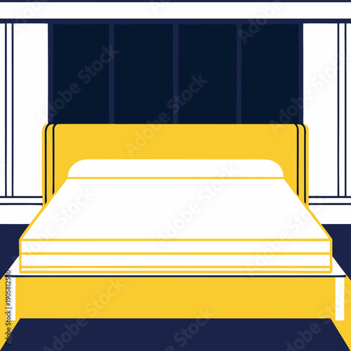 Minimalist yellow and white bed design with modern headboard against dark window backdrop in contemporary bedroom setting.