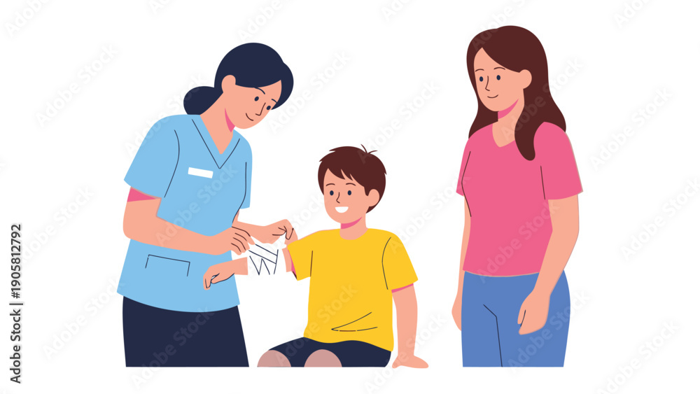 Fototapeta premium Supportive medical moment: A caring doctor examines a young patient, a mother watches supportively, creating a heartening scene of healing and compassion. 