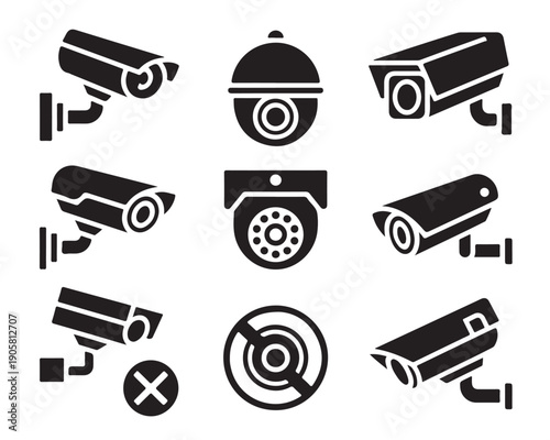 Group of nine different black silhouette icons featuring various types of security surveillance cameras for monitoring and protection purposes