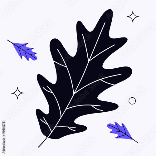 Elegant graphic of black oak leaf with purple accents and minimalist elements on light background.