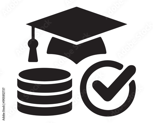 Graduation cap coins stack and check mark symbol representing successful education financing or scholarship approval