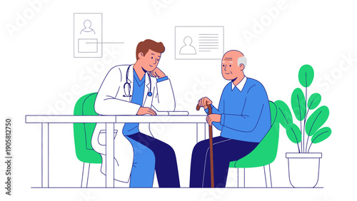 Doctor's consultation for Patient: A compassionate doctor providing healthcare to the elderly patient at the office. The doctor shows care and patience for the patient to ensure an accurate diagnosis.
