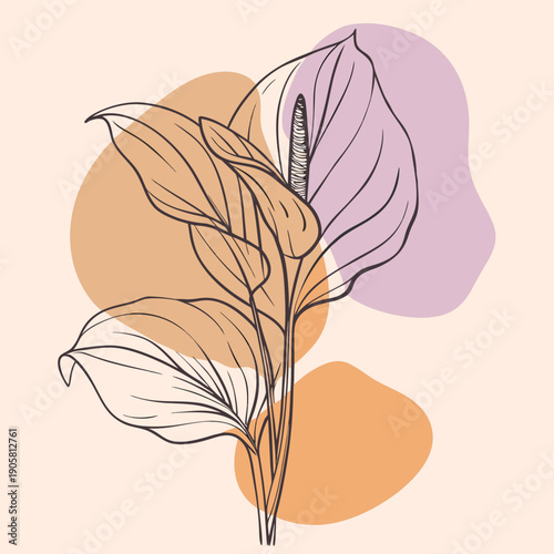 Minimalist botanical line art with abstract shapes featuring anthurium leaves in warm earth tones.