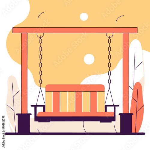 Minimalist swing illustration with orange and yellow hues featuring a wooden seat in a serene outdoor setting.