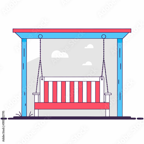 Charming wooden outdoor swing bench with blue and pink frame under clear sky shelter with minimalist clouds.