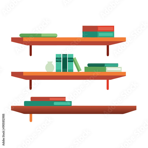Colorful books and decorative items on wooden floating shelves in minimalist design.