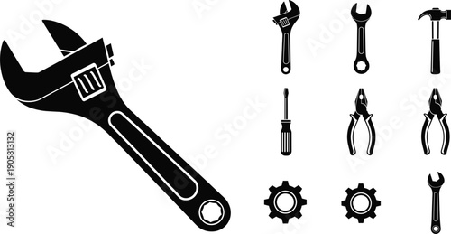 Mechanical repair tools icons set adjustable wrench hammer pliers screwdriver equipment vector collection isolated workshop design
