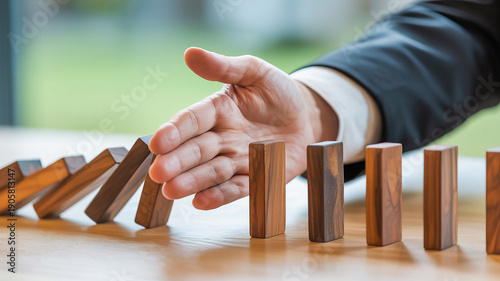 Businessman's hand intervening to stop a row of falling wooden dominoes strategy risk