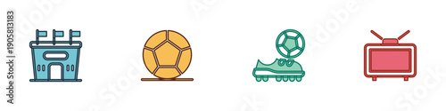 Set Football stadium, Soccer football, shoes and match on TV icon. Vector